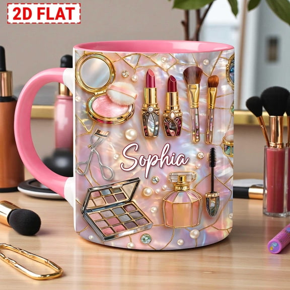 Personalized Printed 2D Flat Makeup Lover Mug, Custom Beauty Coffee Mug, Pink Glam Cosmetic Mug, Gift for Her, Makeup Lover Coffee Mug