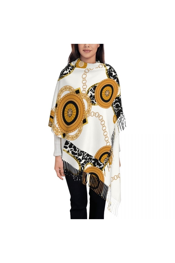 Personalized Printed Golden Chains And Spotted Long Pile Fringe Men Scarf Women'S Anti Chill Scarf