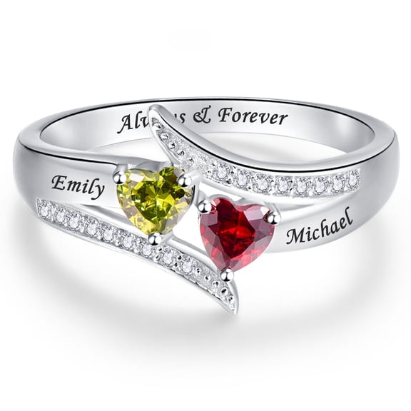 Personalized Promise Anniversary Heart Ring for Her Custom 925 Sterling Silver Ring for Women with 2 Names Birthstones Rings for Couples