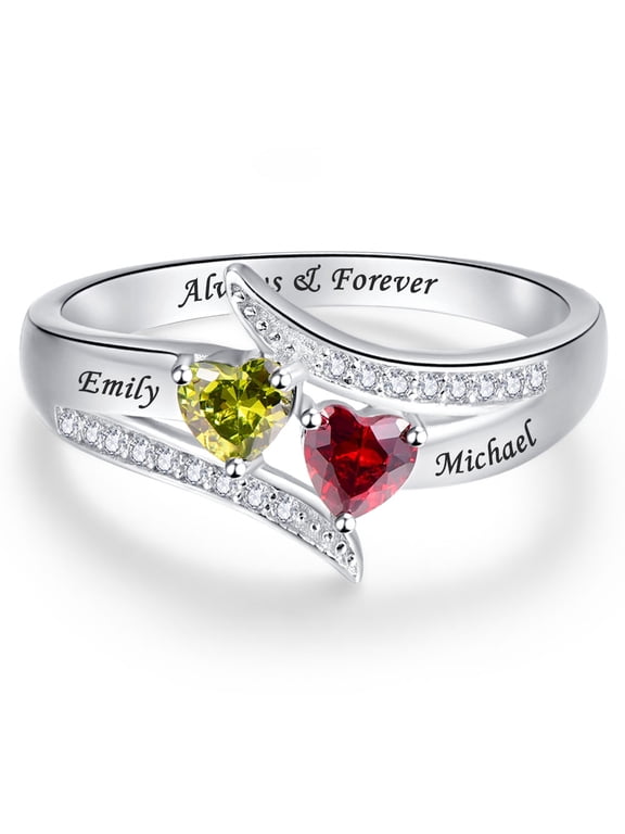 Personalized Promise Anniversary Heart Ring for Her Custom 925 Sterling Silver Ring for Women with 2 Names Birthstones Rings for Couples