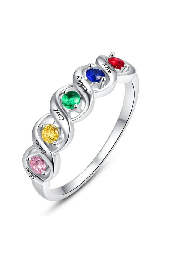 Personalized Promise Mothers Ring with 2-5 Simulated Birthstone 925 Sterling Silver Rings with 3-5 Names Engagement Rings