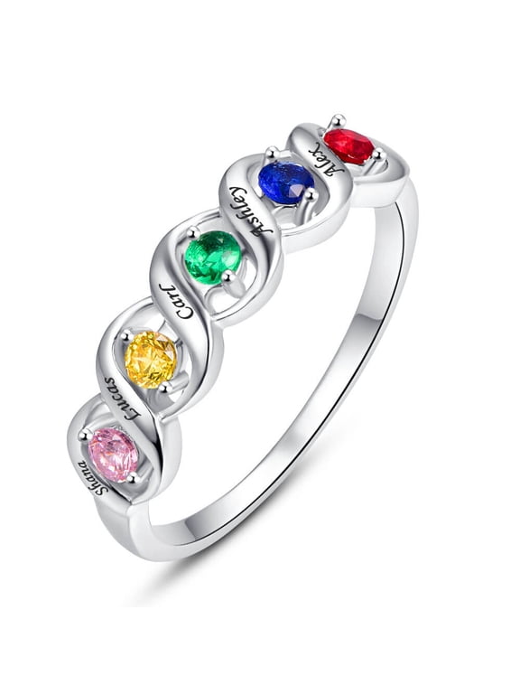 Personalized Promise Mothers Ring with 2-5 Simulated Birthstone 925 Sterling Silver Rings with 3-5 Names Engagement Rings
