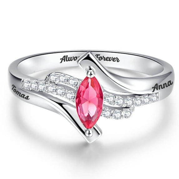 Personalized Promise Ring for Women 925 Sterling Silver Custom Rings with 2 Names and 1 Simulated Birthstone