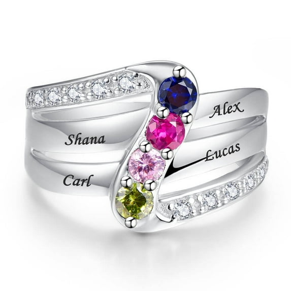 Personalized Promise Ring for Women 925 Sterling Silver Rings Customized Engagement Rings with 4 Simulated Birthstone Meaningful Gifts