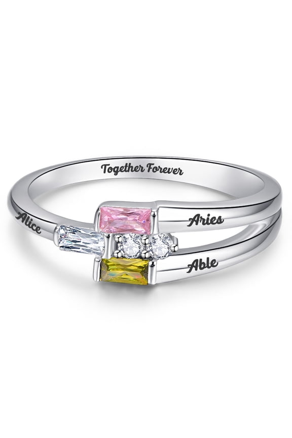 Personalized Promise Rings for Women with 3 Birthstones 925 Sterling Silver Customized Engraving Personalized Family Name Rings