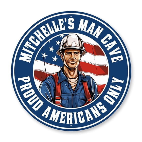 Personalized Proud American Man Cave Aluminum Metal Decor Sign - 12" Round