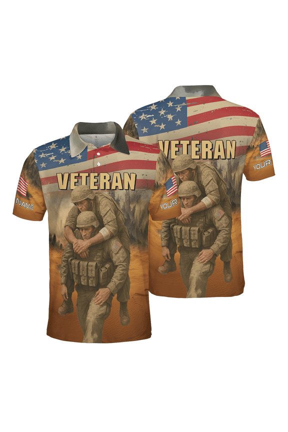 Personalized Proud U.S Veteran Polo Shirt – Patriotic American Flag Military Soldier Short Sleeve Button Shirt, Custom Name Veteran Gift for Men