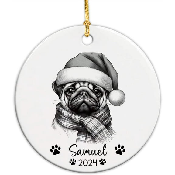 Personalized Pug Ornament for Christmas Tree 2025, Customized Pug Wearing Santa Hat Ornament with Name & Year, Gifts for Pug Lovers, Pug Pencil Drawing Ornament for Family Friends Wc5YV0