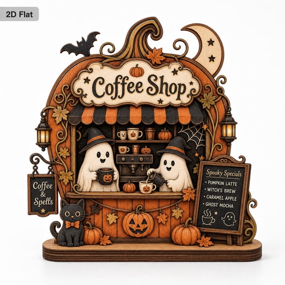 Personalized Pumpkin Coffee Shop 2D Wooden Block, Halloween Coffee Bar Decor, Ghost Cafe Shelf Decor, Fall Coffee Lover Gift, Autumn Decor