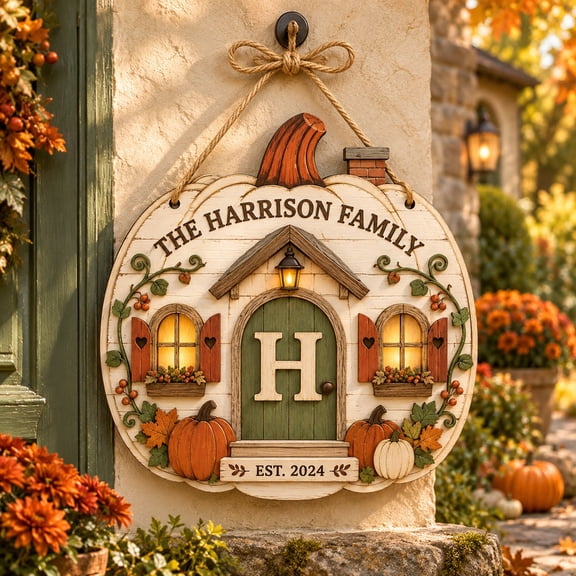 Personalized Pumpkin Cottage Monogram Wooden Sign Front Porch Fall Gift