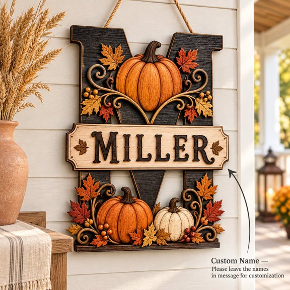 Personalized Pumpkin Monogram Door Sign, Wooden Door Hanger for Halloween