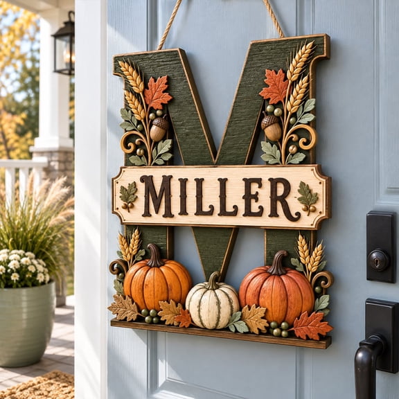 Personalized Pumpkin Monogram Wooden Door Sign, Custom Name Front Door Hanger for Halloween Porch Decor