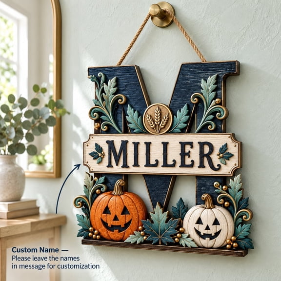 Personalized Pumpkin Monogram Wooden Door Sign, Front Door Halloween Decor