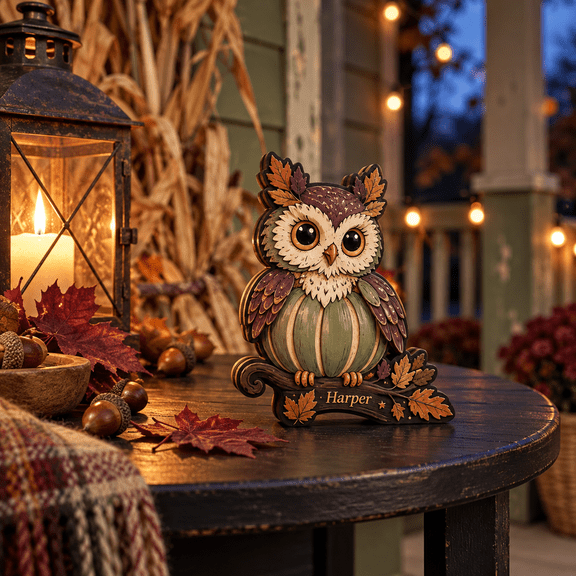 Personalized Pumpkin Owl Wooden Block 3 Layer for Fall Halloween Decor