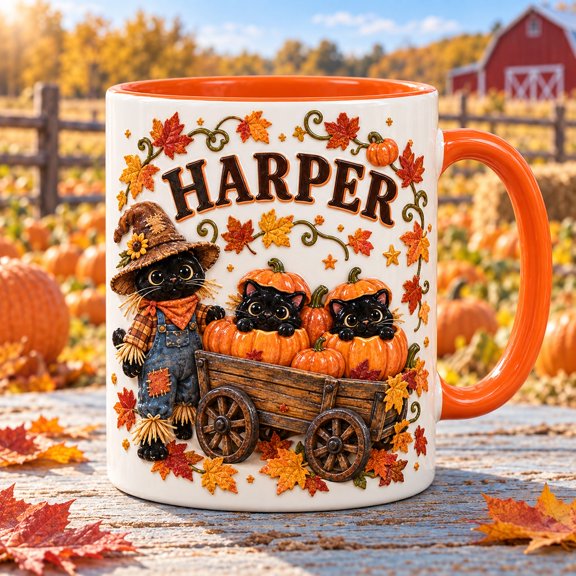 Personalized Pumpkin Patch Cats Scarecrow Wagon Ceramic Coffee Mug Gift