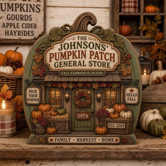 Personalized Pumpkin Patch General Store Wooden Block for Fall Shelf Decor