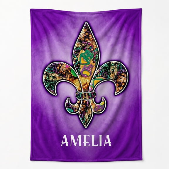 Personalized Purple Fleur-de-Lis Fleece Blanket, Custom Name 3D Print 280gsm Polyester Throw, 30x40 to 60x80