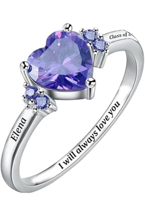Personalized Purple Heart Center Stone Graduation Ring Custom Name Year And Inside Engraving 925 Sterling Silver