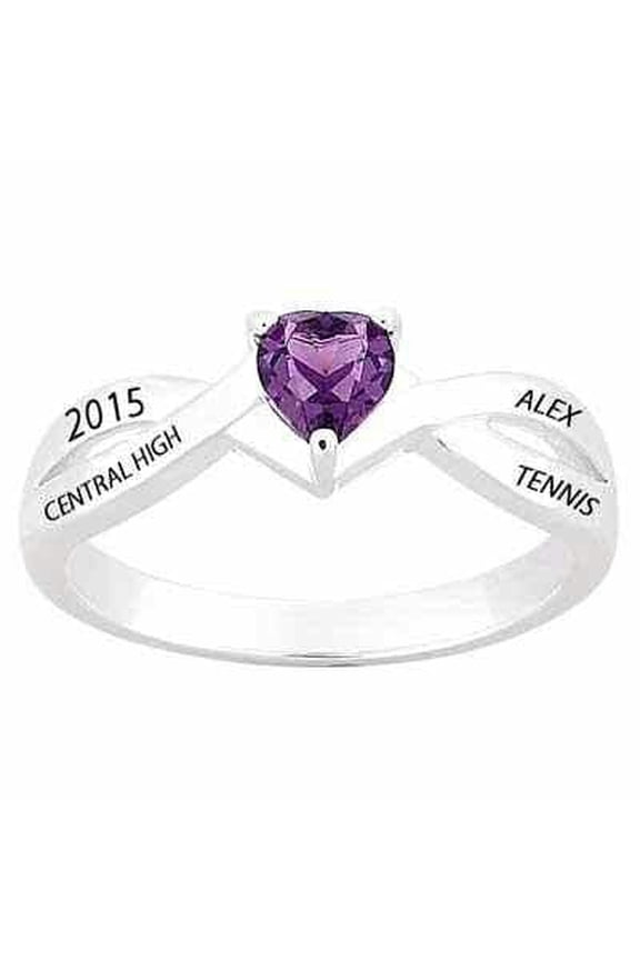 Personalized Purple Heart Shape Stone Class Ring With Custom Name Year Inside Engraving Infinity Band For Students 925 Sterling Silver