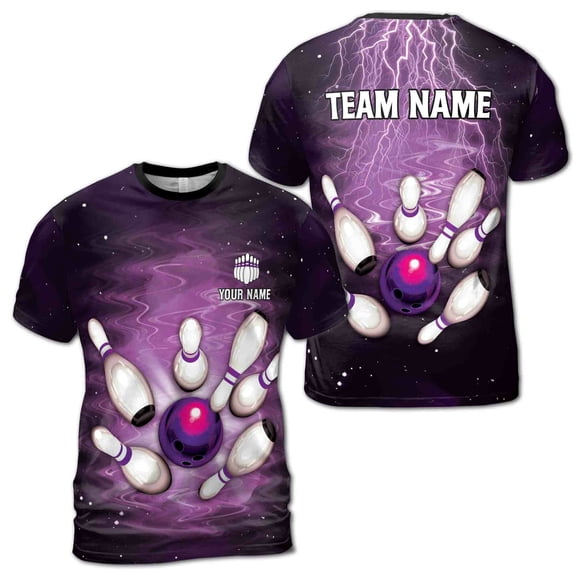 Personalized Purple Lightning Bowling Team Player Men's T-shirt S-5XL