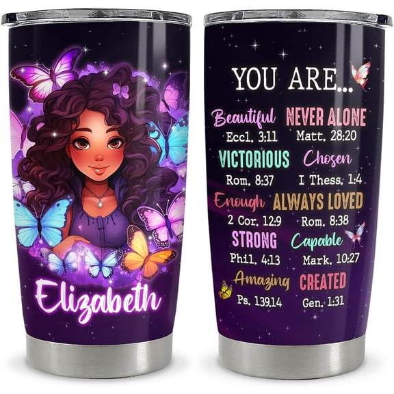 Personalized Queen Tumbler 20oz With Lid - Black Girl Faith Gift for African American Afro Women - Encouragement Birthday Women's Day