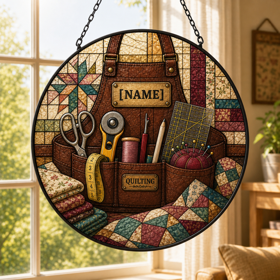Personalized Quilter Gift Window Hanging Suncatcher with Quilting Tool Apron Design