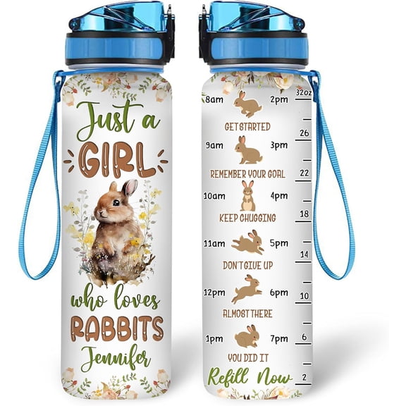 Personalized Rabbit Lovers 32 Oz 1Liter Motivational Water Bottle With Time Marker, Just A Girl Who Loves Rabbits, Animal Lovers Gifts For Women, Girl On Birthday, Christmas