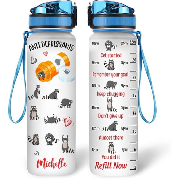 Personalized Raccoon Lovers Water Bottle - 32 Oz 1Liter Motivational Bottle With Time Marker, Anti Depressants Raccoon Custom Name, Gift For Animal Lovers, Women, Girls on Birthday