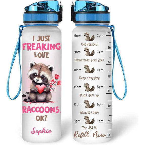 Personalized Raccoon Lovers Water Bottle - 32 Oz 1Liter Motivational Bottle With Time Marker, I Just Freaking Love Raccoons Custom Name, Gift For Animal Lovers, Women, Girls on Birthday