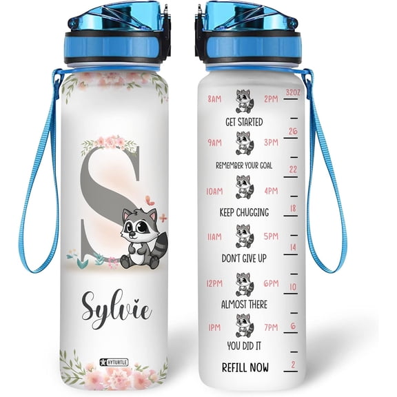 Personalized Raccoon Lovers Water Bottle - 32 Oz 1Liter Motivational Bottle With Time Marker, Raccoons Custom Name, Gift For Animal Lovers, Women, Girls on Birthday, Mothers Day
