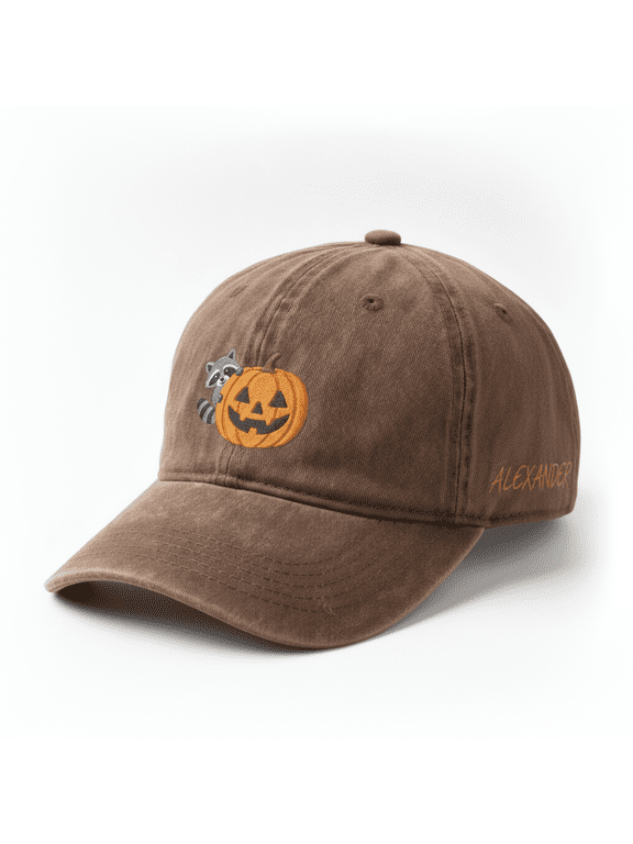 Personalized Raccoon Pumpkin Embroidered Baseball Hat, Custom Name Fall Halloween Cotton Cap, Cute Autumn Gift