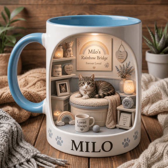 Personalized Rainbow Bridge Cat Mug - Custom Cat Name Memorial Coffee Cup Gift