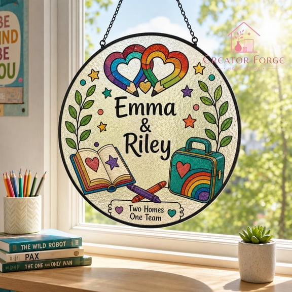 Personalized Rainbow Heart Suncatcher - School Theme Window Decor, Two Homes One Team Gift for Teacher & Classroom