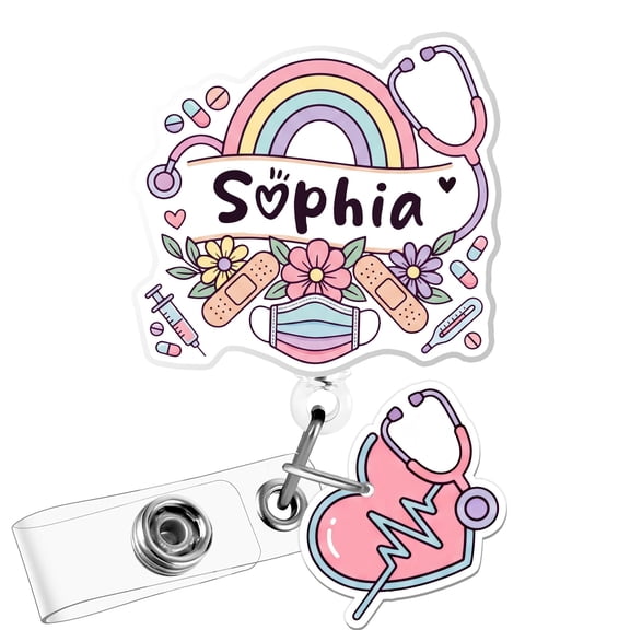 Personalized Rainbow Nurse Badge Reel, Custom Name Retractable ID Holder, Optional Stethoscope Charm