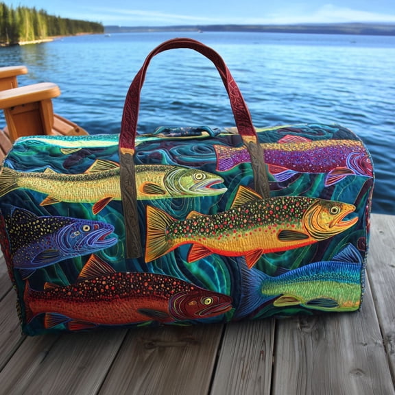 Personalized Rainbow Trout Quilted Duffle Bag, Weekender Travel Bag, Overnight Gym Bag, Gift for Her