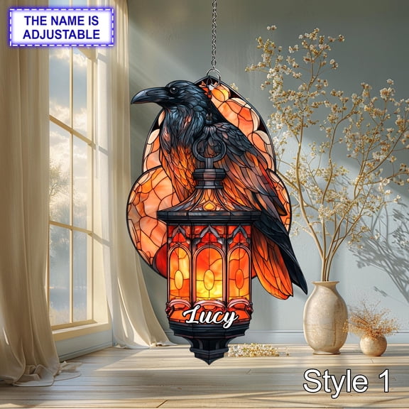 Personalized Raven Lantern Acrylic Suncatcher, Custom Name 2D Flat Window Hanging Decor, Halloween Home Decor