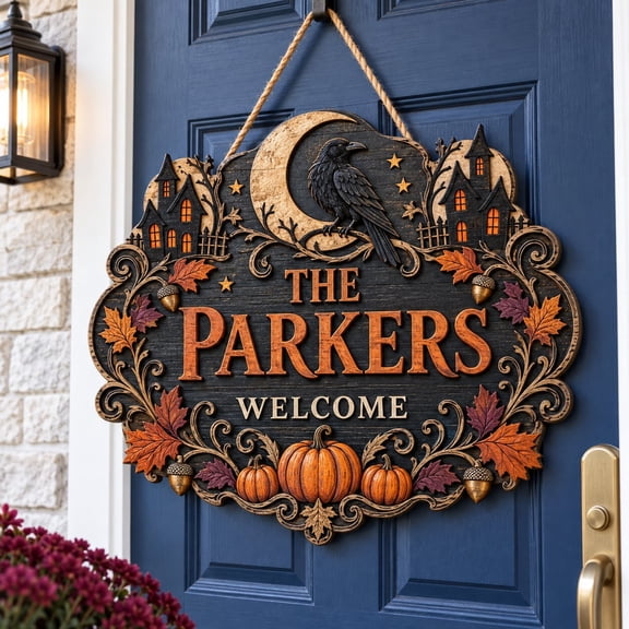 Personalized Raven Moon Pumpkin Wooden Welcome Sign Halloween Decor
