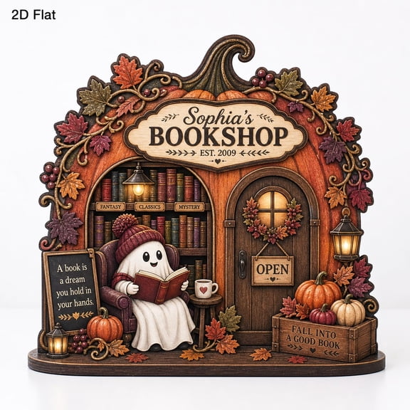 Personalized Reading Ghost Bookshop 2D Wooden Block, Miniature Pumpkin Bookstore Decor, Halloween Book Lover Gift, Fall Reading Nook Decor
