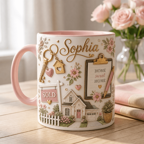 Personalized Realtor Mug with 3D Effect, House Key & Sold Sign Coffee Gift