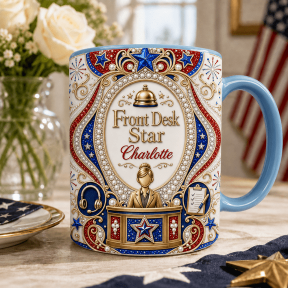 Personalized Receptionist Mug 3D Effect Patriotic Front Desk Star Gift