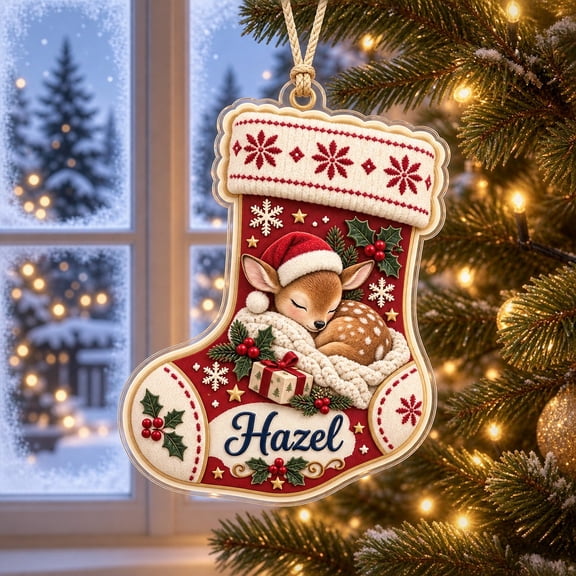 Personalized Red Cream Deer Stocking First Christmas Acrylic Ornament
