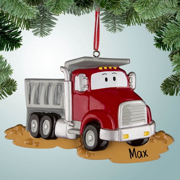 Personalized Red Dump Truck in Mud Christmas Ornament - Construction - Heavy Machinery