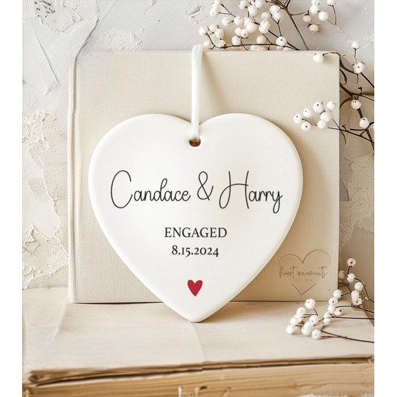 Personalized Red Heart Engaged Christmas Ornament 2025 - Custom Script First Christmas Engaged Ornament - Engagement Gift Names and Date