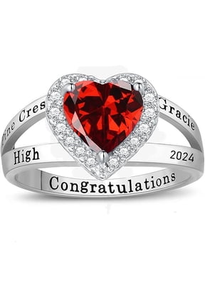 Personalized Red Heart Stone Class Ring Custom Name Year Inside Engraving Graduation Gift for Girls In 925 Sterling Silver