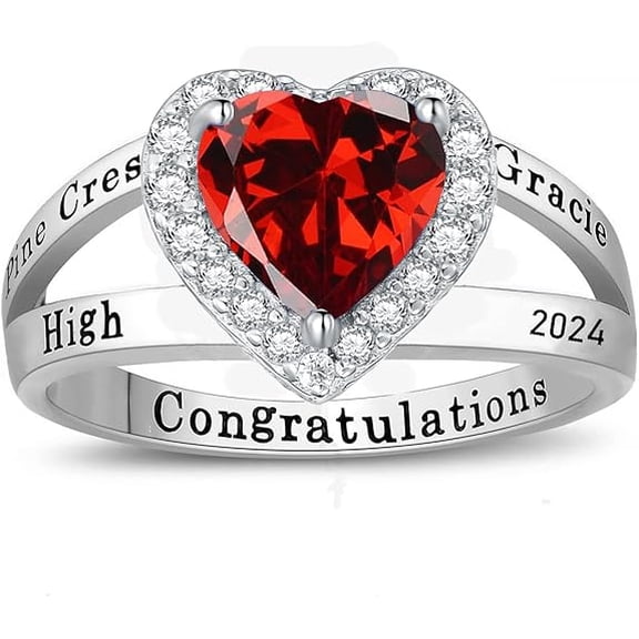 Personalized Red Heart Stone Class Ring Custom Name Year Inside Engraving Graduation Gift for Girls In 925 Sterling Silver