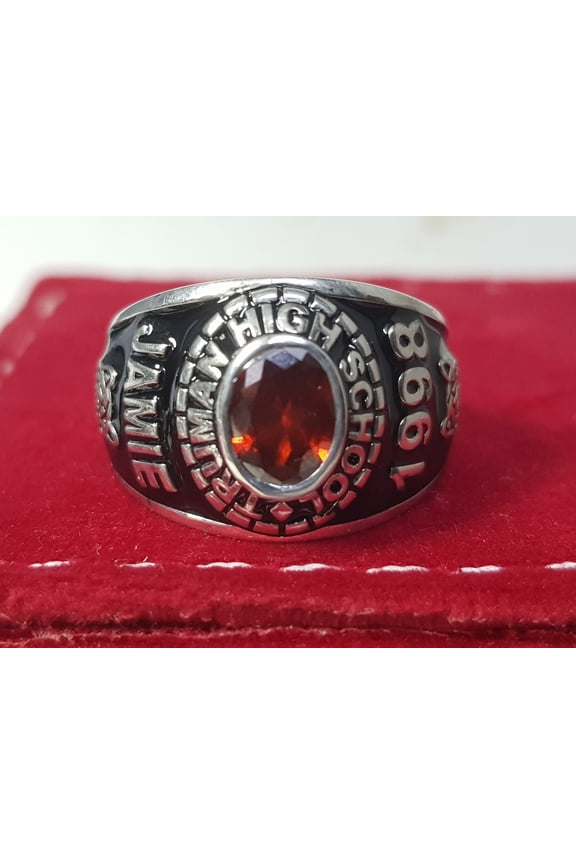 Personalized Red Oval Cut Customized Name,Logo,Year And Inside Engraving Stylish Graduation High School Class Ring For Women 925 Sterling Silver