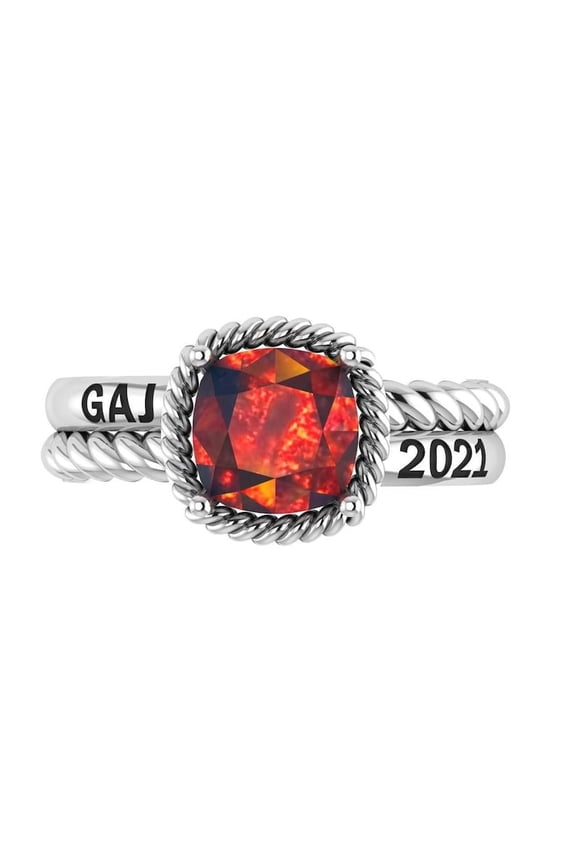 Personalized Red Squre Center Stone Twisted Rope Statement Ring Customized Year Inside Engraving 925 Sterling Silver