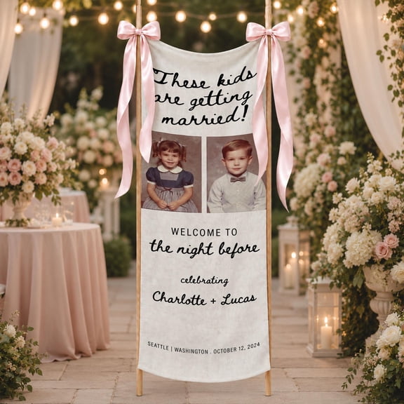 Personalized Rehearsal Dinner Linen Banner, Custom Photo Memory Backdrop for Wedding Weekend Welcome Decor