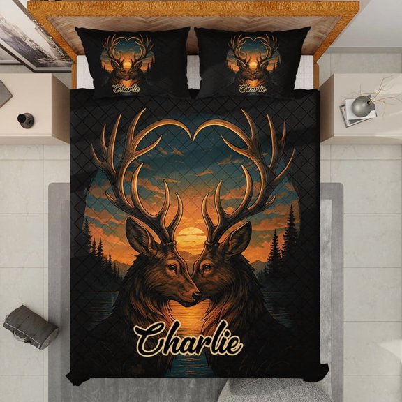 Personalized Reindeer Couple Quilt Bedding Set – Custom Sunset Heart Shaped Antlers Quilt Set