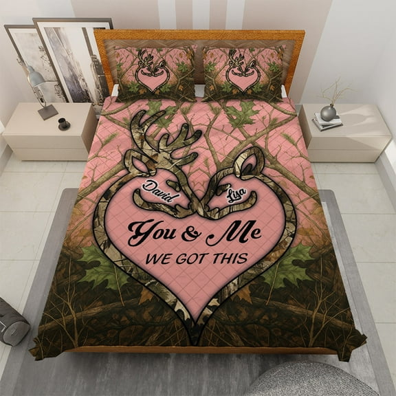 Personalized Reindeer Couple Quilt Bedding Set - "You & Me, We Got This" - Custom Quilt Bedding Set with Deer Antlers - Romantic Gift For Anniversary, Wedding, Christmas
